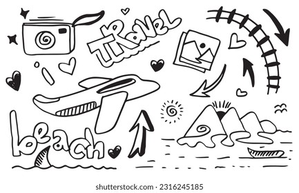 Set of hand drawn travel doodle. Vector illustration.Doodle art world travel collection design.