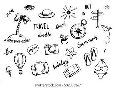 Set of hand drawn travel doodle. Vector illustration. Tourism and summer sketch with travelling elements: compass, bikini, sunglasses, camera, cocktail, ticket. 