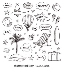 Set of hand drawn travel doodle. Tourism and summer sketch with travelling elements and speech bubbles. Vector illustration