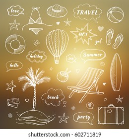 Set of hand drawn travel doodle. Tourism and summer sketch with travelling elements and speech bubbles. Vector illustration on a blurred background