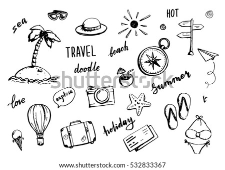 Set of hand drawn travel doodle. Vector illustration. Tourism and summer sketch with travelling elements: compass, bikini, sunglasses, camera, cocktail, ticket. 