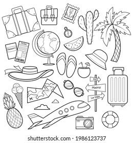 Set of hand drawn travel doodles on a white background. Vector illustration. Tourism and summer sketch with travel elements: compass, map, sunglasses, camera, cocktail, ticket, suitcase, globe, plane.