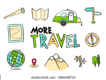 Set of hand drawn travel icons. Pictograms of globe, compass, map, route, mountains, navigation, Spyglass, Geography. Vector illustration for travel, caravanning, camping.