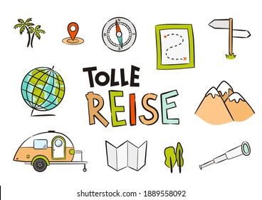 Set of hand drawn travel icons on german. Pictograms of globe, compass, map, route, mountains, navigation, Spyglass, camper. Vector illustration for France. Translation: Great Travel