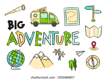 Set of hand drawn travel icons. Pictograms of globe, compass, map, route, mountains, navigation, Spyglass, minivan. Vector illustration for travel, caravanning, camping. Big Adventure