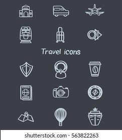 Set of hand drawn travel icons isolated on chalkboard. Vector illustration.