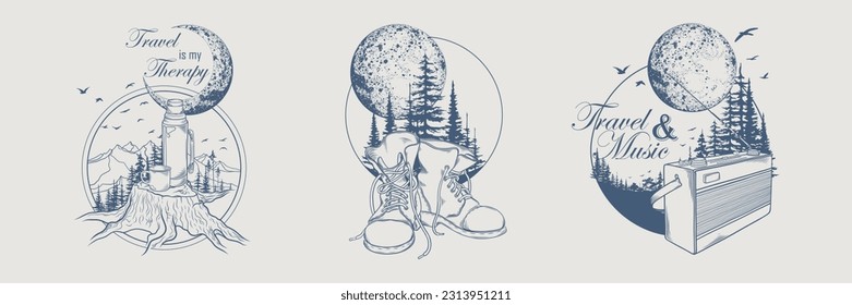 Set of hand drawn travel illustrations with forest trees silhouette, mountains and moon. Wanderlust. Adventure. Vector isolated illustration for t-shirt design, posters, stickers, tatoo, label, badges