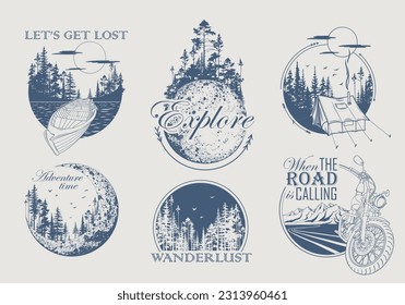 Set of hand drawn travel illustrations with forest trees silhouette, mountains and moon. Wanderlust. Adventure. Vector isolated illustration for t-shirt design, posters, stickers, tatoo, label, badges