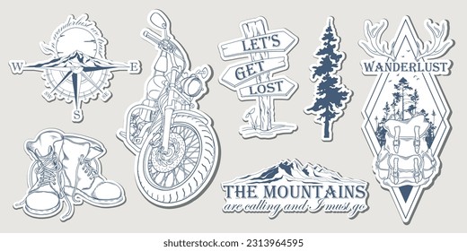 Set of hand drawn travel stickers with forest trees silhouette, mountains and travel elements. Wanderlust. Adventure. Vector isolated illustration for t-shirt design, posters, stickers, tatoo, badges
