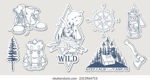 Set of hand drawn travel stickers with forest trees silhouette, mountains and travel elements. Wanderlust. Adventure. Vector isolated illustration for t-shirt design, posters, stickers, tatoo, badges