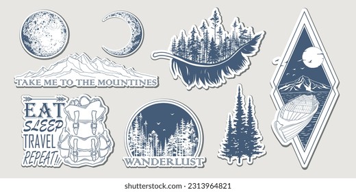 Set of hand drawn travel stickers with forest trees silhouette, mountains and travel elements. Wanderlust. Adventure. Vector isolated illustration for t-shirt design, posters, stickers, tatoo, badges