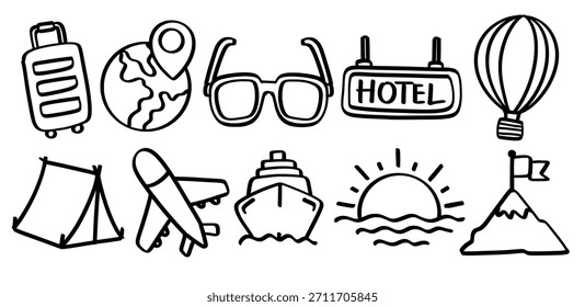 Conjunto de tema de viaje dibujado a mano Vector aislado