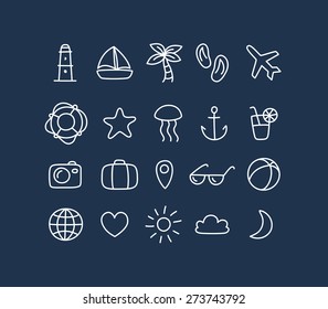 Set of hand drawn travel and vacation line icons.