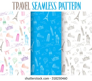 Set Of Hand Drawn Travel The World Seamless Pattern. Vector Illustration
