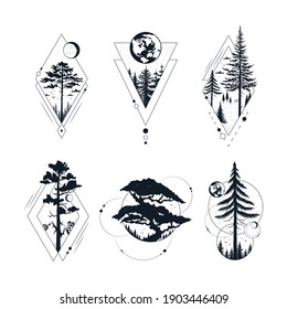 Set of hand drawn tree badges with globe, pine, moon and stars.. Vector isolated wanderlust prints. Geometric frames with forest for label or tattoo.