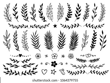 set of hand drawn tree branches with leaves, flowers and design elements