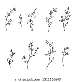 Set of hand drawn tree branches with-leaves and flowers on white background. Vector illustration.