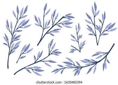 Set of hand drawn tree branches with leaves botanical flowers floral hand drawn scandinavian style art design element flat vector illustration