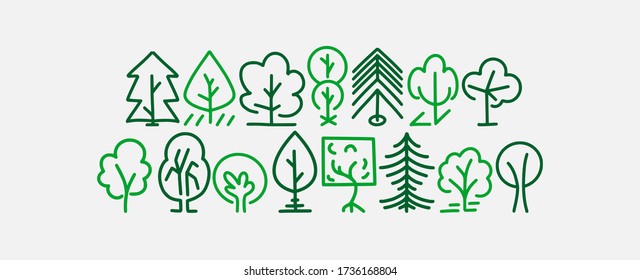 Set of hand drawn tree icons, line style design, vector doodles illustration