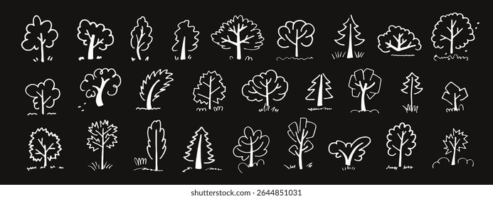 Set of hand drawn trees. Big set of forest design elements. Cartoon cute simple style. 