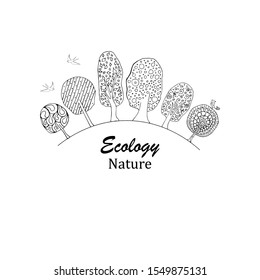 Set of hand drawn trees and birds in doodle style. Black and white abstract ornamental graphic magic tree with a lot of details. Beautiful art page for adult coloring book. Vector illustration. 
