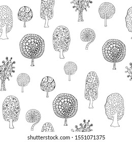 Set of hand drawn trees and birds in doodle style. Black and white abstract ornamental graphic magic tree with a lot of details.  Seamless background. Vector illustration. 