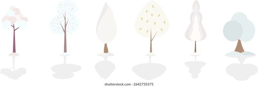 Set of hand drawn trees flat design vector element with winter colors and shadows.