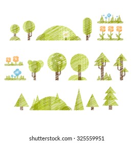 Set of hand drawn trees, hills, flowers and grass. Vector illustration collection.