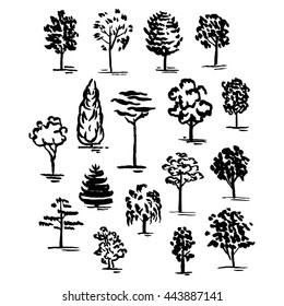 Set of hand drawn of trees. Ink style. Vector collection.