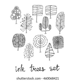 Set of hand drawn of trees. Ink style. Vector collection.