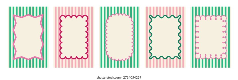 Conjunto de marcos en blanco de moda dibujados a mano. Cuadro de texto de color de verano, etiqueta. Burbujas de discurso vacías sobre fondo rayado. Ilustración vectorial plana aislada EPS10