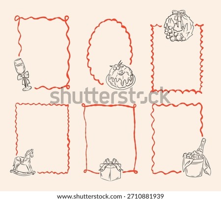 Set hand drawn trendy border. Vintage frame with Christmas elements for greeting cards, invitations, menu, posters.