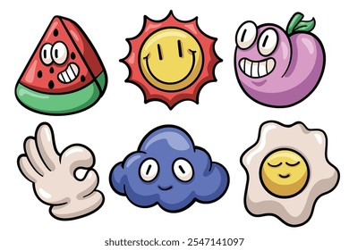 Set of Hand drawn trendy cartoon element. collection of watermelon, sun, peach, ok hand, cloud, egg Isolated Vector