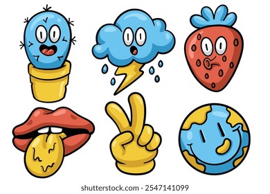 Set of Hand drawn trendy cartoon element. collection of cactus, thundercloud, strawberry, lips tongue, peace hand, earth Isolated Vector