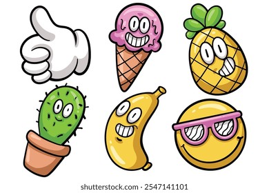 Set of Hand drawn trendy cartoon element. collection of thumb up, Ice cream, pineapple, cactus, banana, smile face Isolated Vector