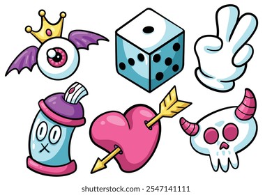 Set of Hand drawn trendy cartoon element. collection of demon eyes, dice cube, peace hand, spray paint, love arrow, skull Isolated Vector