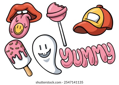 Set of Hand drawn trendy cartoon element. collection of Tongue lick, candy, hat, ice cream, boo, yummy Isolated Vector