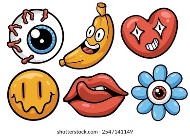 Set of Hand drawn trendy cartoon element. collection of eyes, banana, love, smile face, lick tongue, flower eyes Isolated Vector