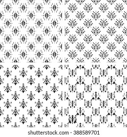 Set of Hand drawn tribal backgrounds with arrow, feathers and geometric symbols boho, aztec style. Tribal print