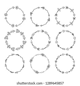 Set of Hand drawn tribal boho arrow frames. Ink aztec border. Bohemian style tattoo. Ethnic vintage wreath.