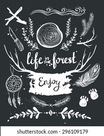 Set of hand drawn tribal elements and dividers. Forest design.Chalk elements.