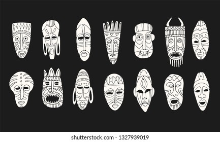 Set of Hand Drawn Tribal Masks. Doodle. African Traditional Masks. Vector Illustration.