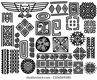 set of hand drawn tribal objects. Abstract geometric ethnic ornament brushes. Monochrome isolated on white background.