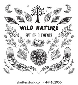 Set of hand drawn tribal vector elements of nature. DIY kit.