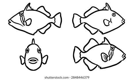 Set of hand drawn triggerfish illustrations in sketch style