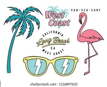 Set of hand drawn tropical elements. Flamingo, sunglasses and palm tree vector illustrations. For t-shirt and other uses.