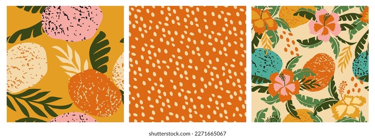 Set of Hand drawn tropical flowers, polka dot, stripe, abstract backgrounds. Seamless patterns with floral for fabric, textiles, clothing, wrapping paper, cover, interior decor.