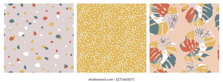 Set of Hand drawn tropical flowers, polka dot, stripe, abstract backgrounds. Seamless patterns with floral for fabric, textiles, clothing, wrapping paper, cover, interior decor.