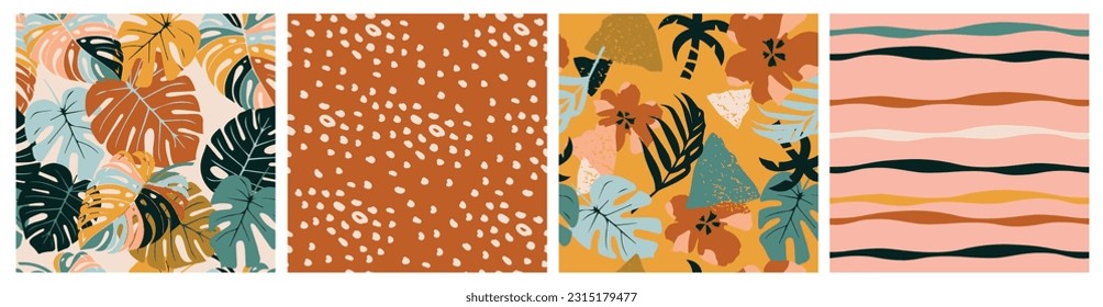 Set of Hand drawn tropical flowers, polka dot, stripe, abstract backgrounds. Seamless patterns with floral for fabric, textiles, clothing, wrapping paper, cover, interior decor.