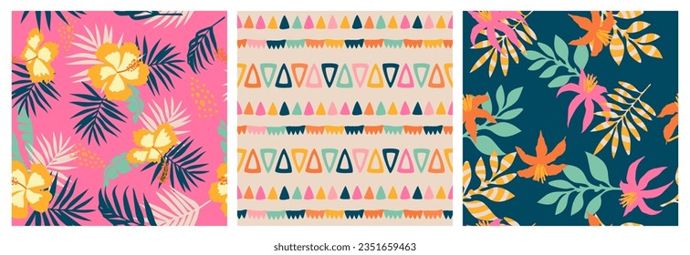 Set of hand drawn tropical flowers, seamless patterns with floral for fabric, textiles, clothing, wrapping paper, cover, banner, interior decor, abstract backgrounds.
